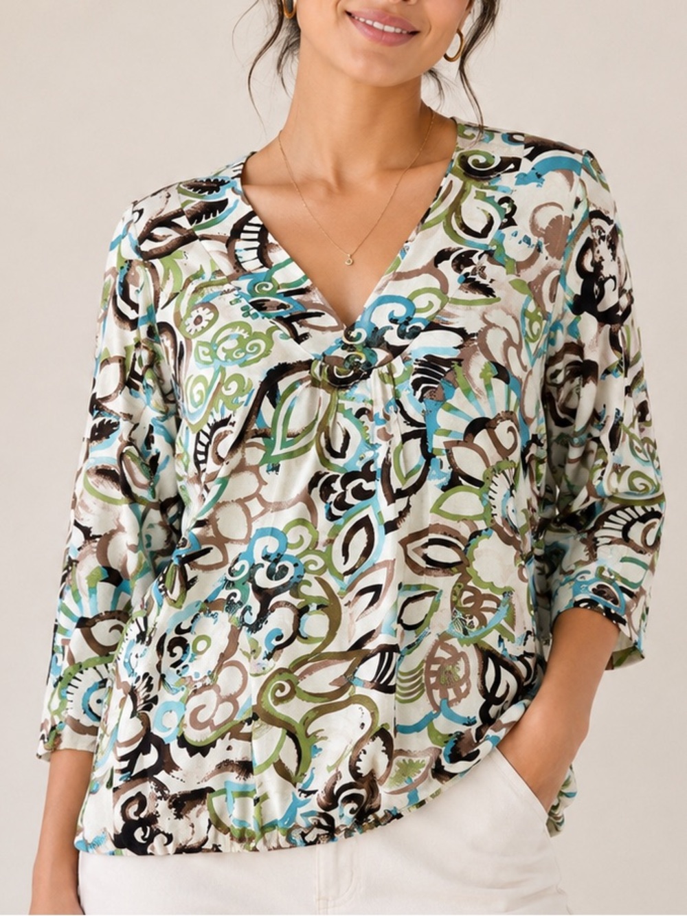 Chico's traveler White Multi-Pattern V-Neck 3/4 Sleeve Blouse 8